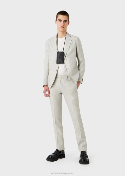 erkekler Armani kırışmaz soluk ketenden modern kesim tek sıra düğmeli takım elbise açık gri T8HD1460