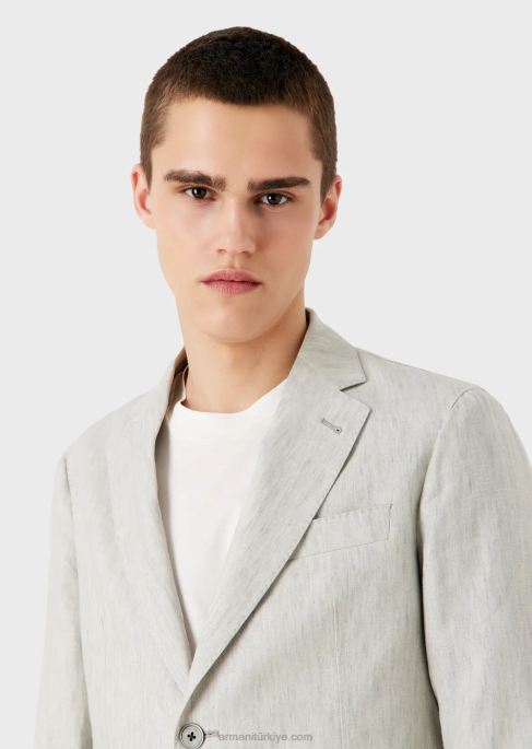 erkekler Armani kırışmaz soluk ketenden modern kesim tek sıra düğmeli takım elbise açık gri T8HD1460