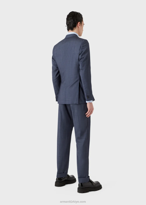erkekler Armani kot efektli ultra hafif yün ve ipekten dar kesim kruvaze takım elbise mavi T8HD1463