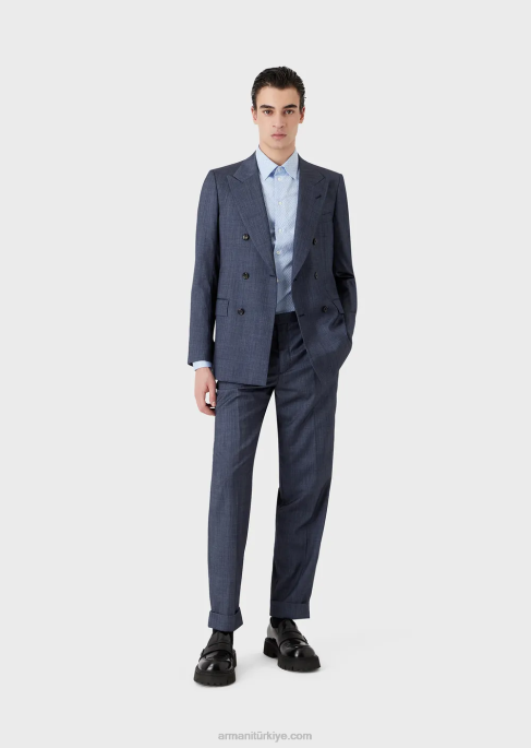 erkekler Armani kot efektli ultra hafif yün ve ipekten dar kesim kruvaze takım elbise mavi T8HD1463