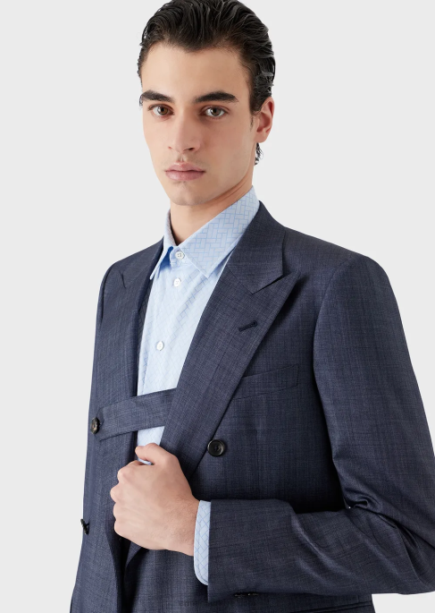 erkekler Armani kot efektli ultra hafif yün ve ipekten dar kesim kruvaze takım elbise mavi T8HD1463