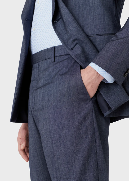 erkekler Armani kot efektli ultra hafif yün ve ipekten dar kesim kruvaze takım elbise mavi T8HD1463