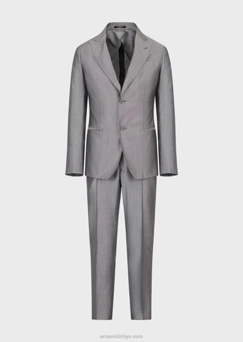 erkekler Armani mikro desenli okaliptüs yünü karışımından modern kesim tek sıra düğmeli takım elbise gri T8HD1461