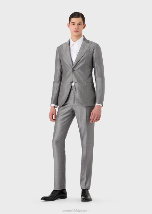 erkekler Armani mikro desenli okaliptüs yünü karışımından modern kesim tek sıra düğmeli takım elbise gri T8HD1461