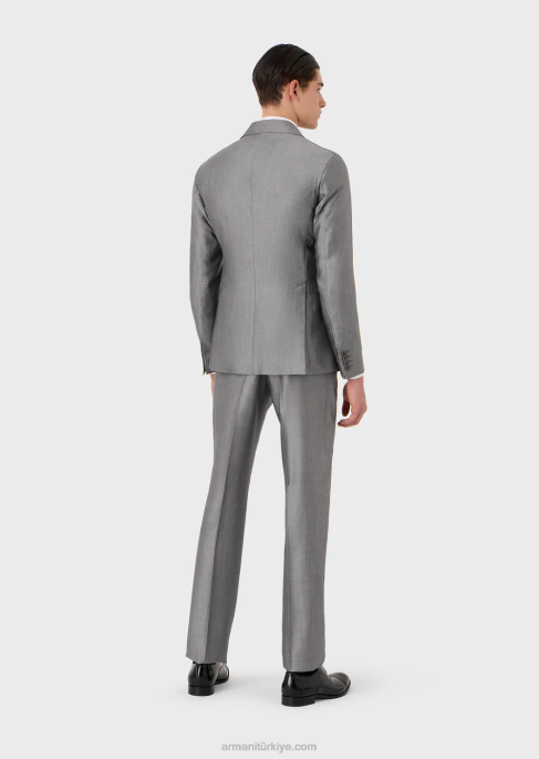 erkekler Armani mikro desenli okaliptüs yünü karışımından modern kesim tek sıra düğmeli takım elbise gri T8HD1461