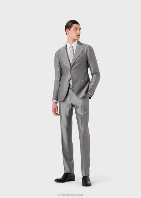 erkekler Armani mikro desenli okaliptüs yünü karışımından modern kesim tek sıra düğmeli takım elbise gri T8HD1461
