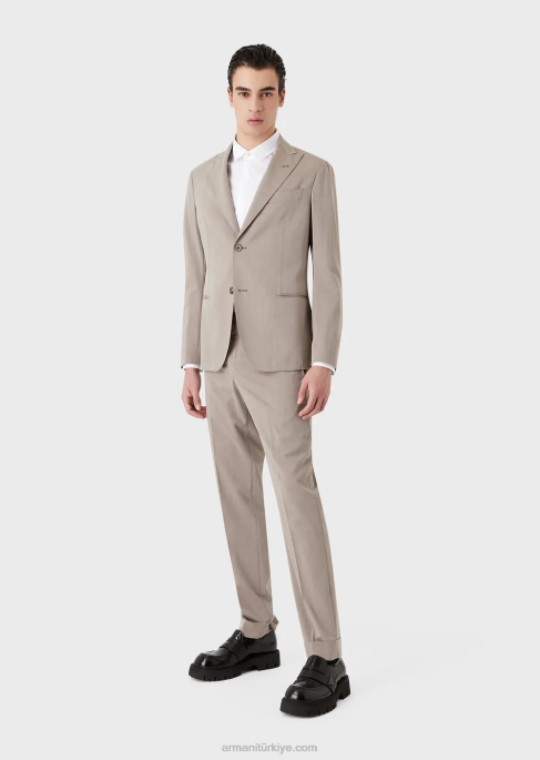 erkekler Armani ultra hafif bakir yün karışımı solaro kumaştan modern kesim tek sıra düğmeli takım elbise bej T8HD1465