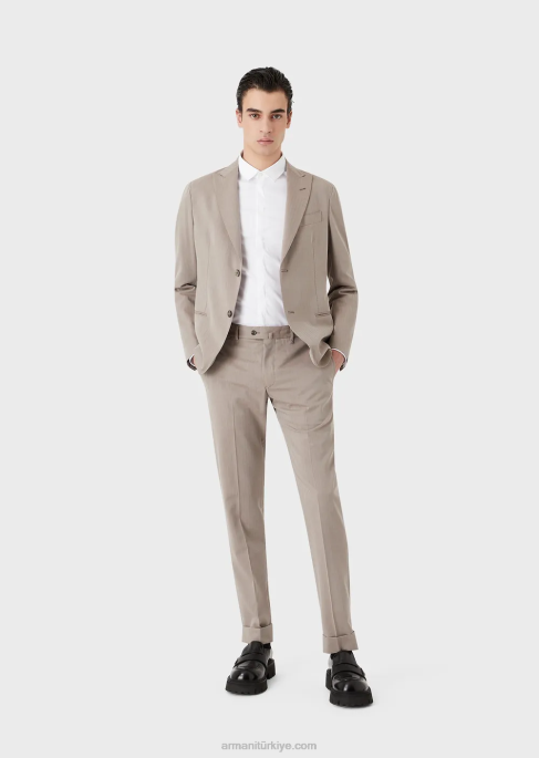 erkekler Armani ultra hafif bakir yün karışımı solaro kumaştan modern kesim tek sıra düğmeli takım elbise bej T8HD1465