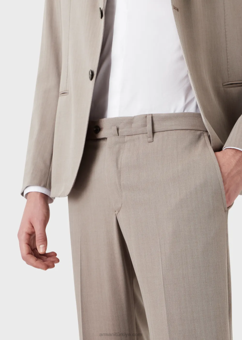 erkekler Armani ultra hafif bakir yün karışımı solaro kumaştan modern kesim tek sıra düğmeli takım elbise bej T8HD1465