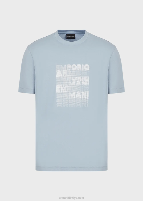 erkekler Armani 80'ler efektli logo baskılı pima jarse t-shirt masmavi T8HD1646
