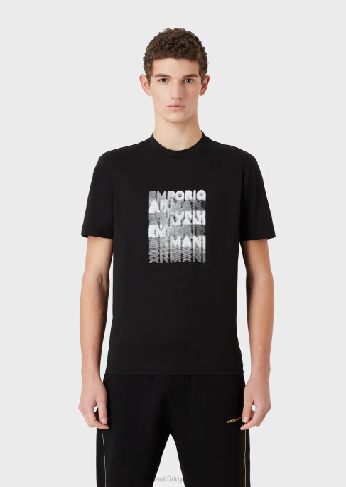erkekler Armani 80'ler efektli logo baskılı pima jarse t-shirt siyah T8HD1644