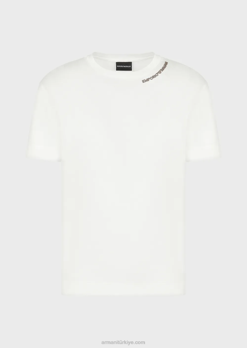 erkekler Armani Yakası logo işlemeli, tencel karışımlı jarse tişört beyaz T8HD1667