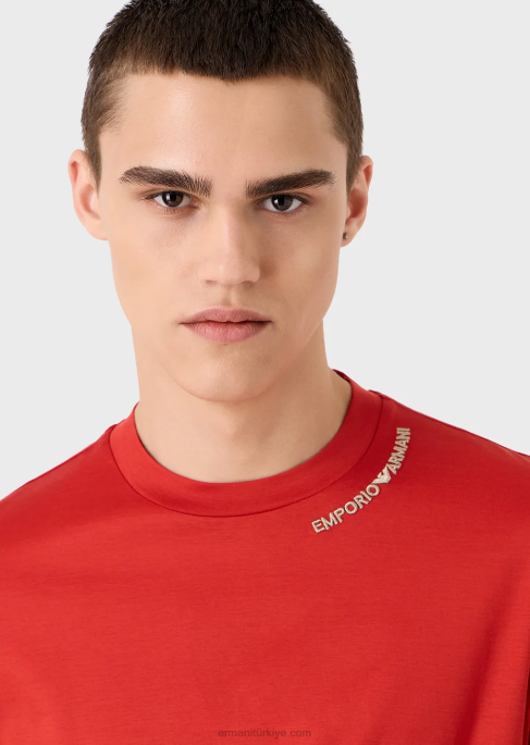 erkekler Armani Yakası logo işlemeli, tencel karışımlı jarse tişört kırmızı T8HD1668