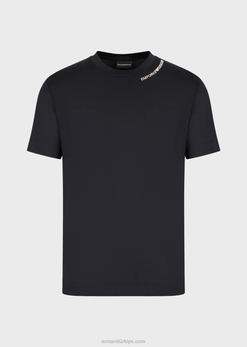 erkekler Armani Yakası logo işlemeli, tencel karışımlı jarse tişört lacivert T8HD1669