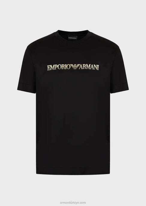 erkekler Armani altın rengi logolu tencel karışımlı jarse tişört siyah T8HD1617