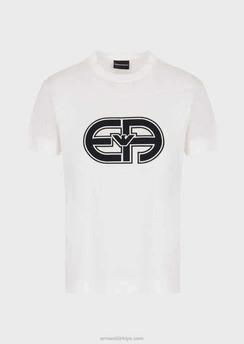 erkekler Armani büyük beden ea yama ile tencel karışımlı jarse tişört süt beyazı T8HD1679