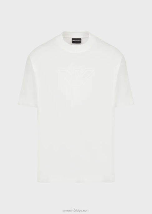 erkekler Armani büyük boy kabartmalı logo süslemeli ağır jarse tişört beyaz T8HD1635