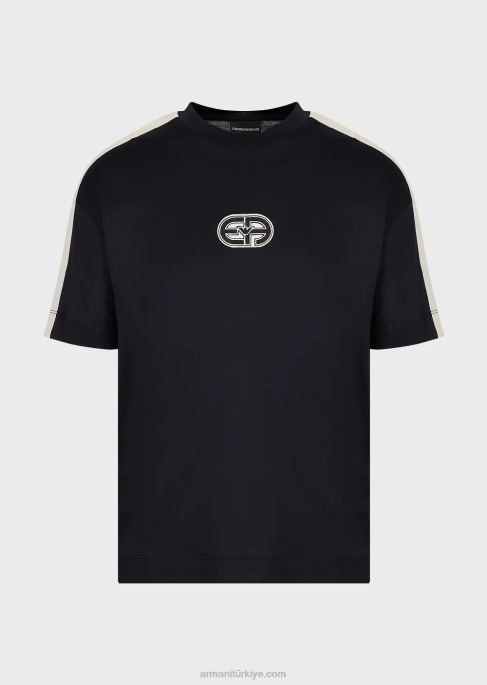 erkekler Armani her yama ve çizgili tencel karışımlı jarse tişört lacivert T8HD1688