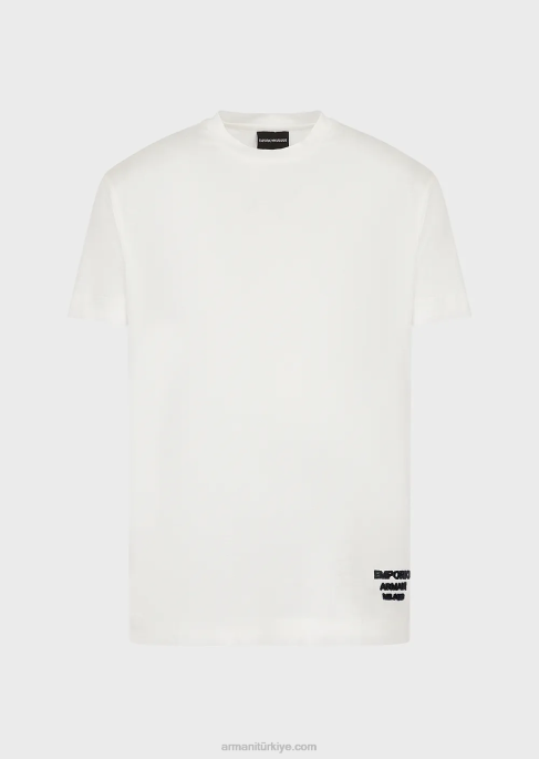 erkekler Armani kabartmalı 3d logolu tencel karışımlı jarse tişört beyaz T8HD1641