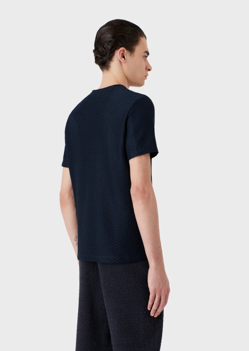 erkekler Armani kabartmalı jakarlı jarseden kısa kollu kazak lacivert T8HD1689