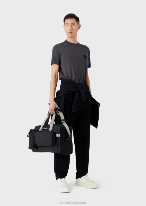 erkekler Armani kabartmalı logo işlemeli tencel karışımlı jarse tişört grafit T8HD1613