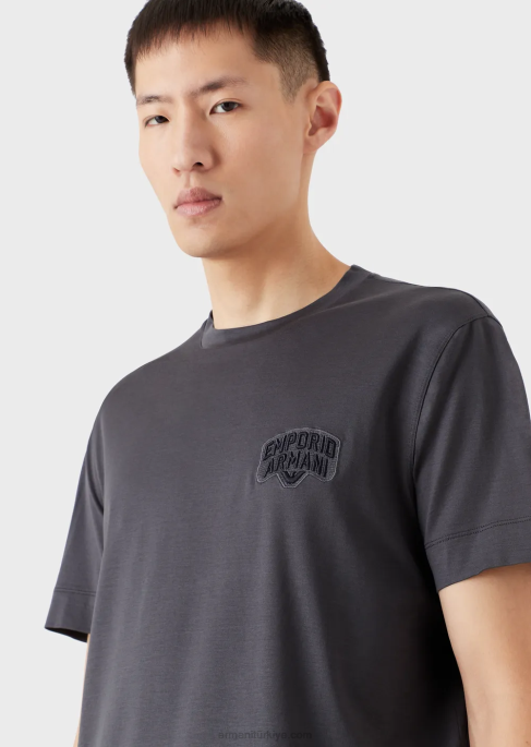 erkekler Armani kabartmalı logo işlemeli tencel karışımlı jarse tişört grafit T8HD1613