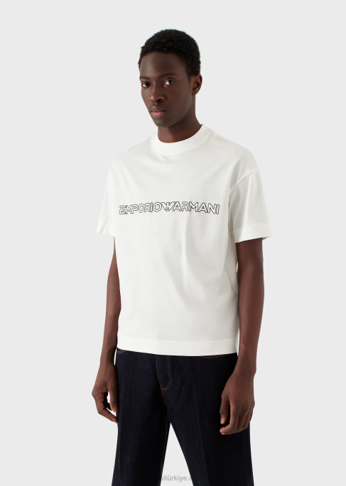 erkekler Armani kabartmalı logolu tencel karışımlı jarse tişört beyaz T8HD1619