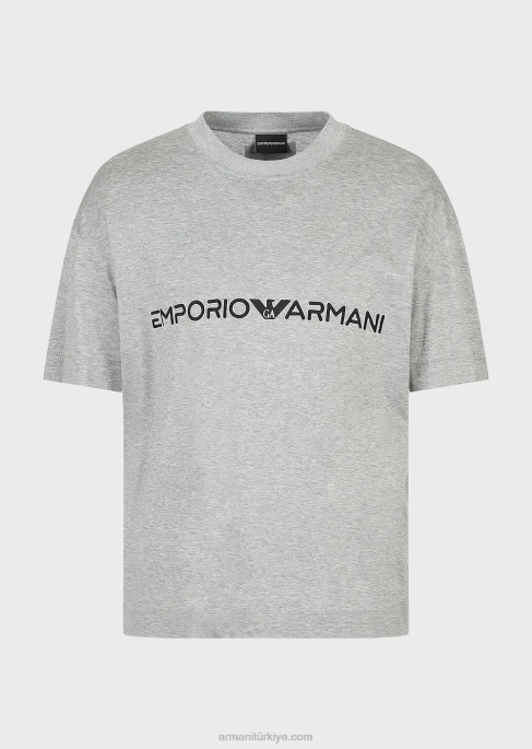 erkekler Armani kabartmalı logolu tencel karışımlı jarse tişört gri T8HD1620