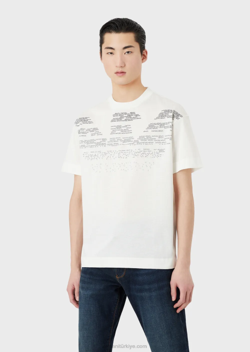 erkekler Armani kauçuk yazı desenli büyük boy kartal merserize jarse tişört beyaz T8HD1604