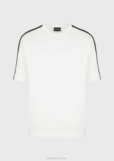 erkekler Armani logo şeritli tencel karışımlı jarse tişört beyaz T8HD1649