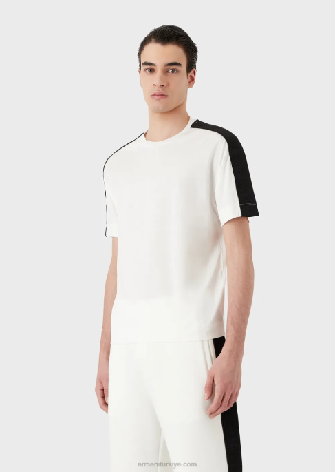 erkekler Armani logo şeritli tencel karışımlı jarse tişört beyaz T8HD1649