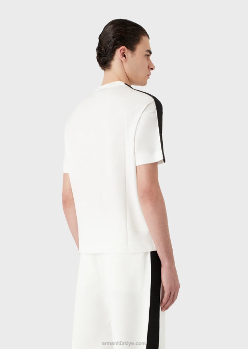 erkekler Armani logo şeritli tencel karışımlı jarse tişört beyaz T8HD1649