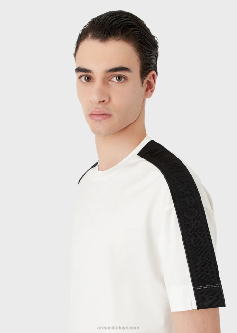 erkekler Armani logo şeritli tencel karışımlı jarse tişört beyaz T8HD1649