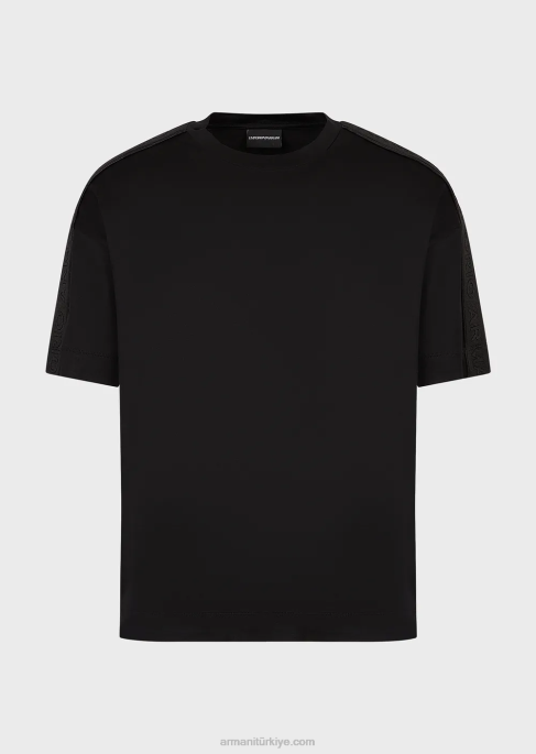 erkekler Armani logo şeritli tencel karışımlı jarse tişört siyah T8HD1648