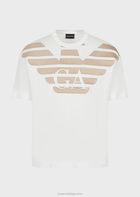 erkekler Armani logo işlemeli büyük beden tencel karışımlı jarse tişört beyaz T8HD1606