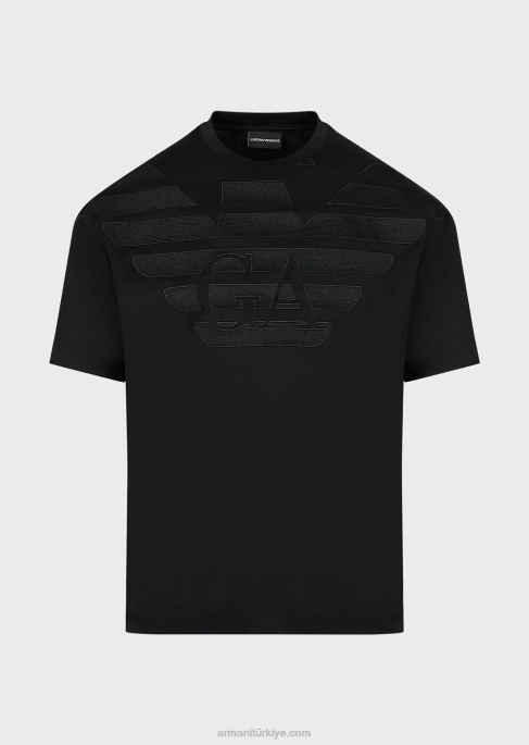 erkekler Armani logo işlemeli büyük beden tencel karışımlı jarse tişört siyah logo T8HD1607
