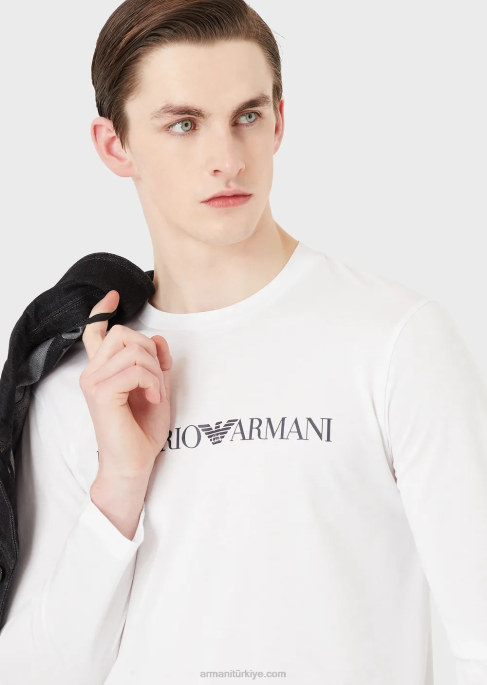 erkekler Armani logolu pima jarse kazak beyaz logo T8HD1721