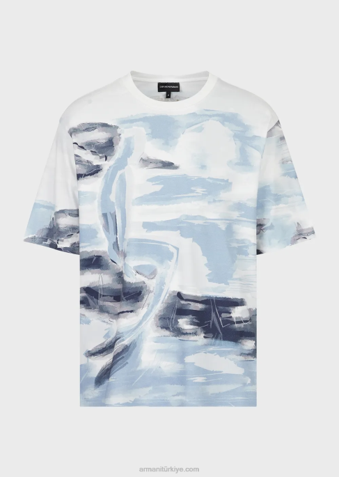 erkekler Armani merman suluboya baskılı ve logo işlemeli pamuklu interlok tişört model T8HD1697