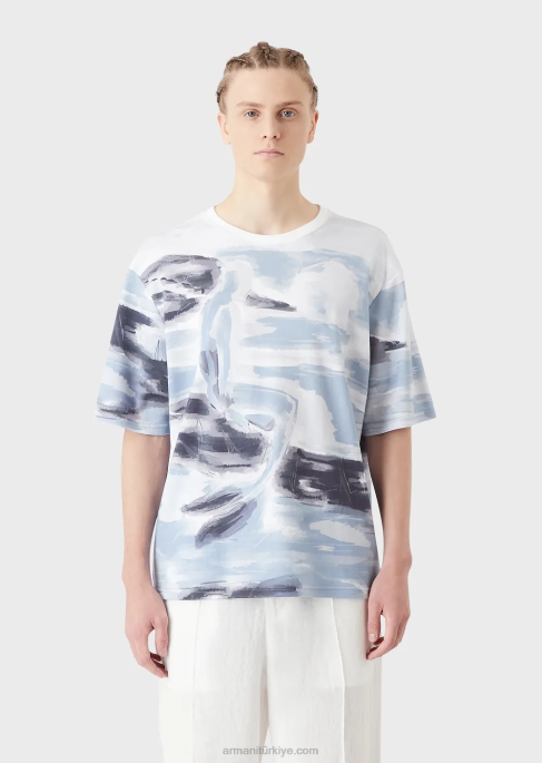 erkekler Armani merman suluboya baskılı ve logo işlemeli pamuklu interlok tişört model T8HD1697
