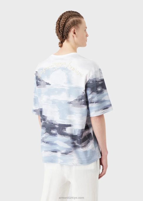 erkekler Armani merman suluboya baskılı ve logo işlemeli pamuklu interlok tişört model T8HD1697