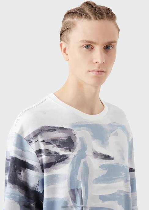 erkekler Armani merman suluboya baskılı ve logo işlemeli pamuklu interlok tişört model T8HD1697