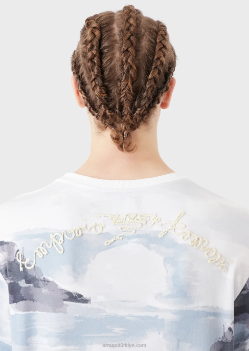 erkekler Armani merman suluboya baskılı ve logo işlemeli pamuklu interlok tişört model T8HD1697