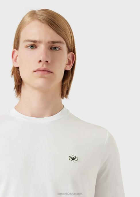 erkekler Armani mikro logo yama ile streç supima jarse kazak beyaz T8HD1751
