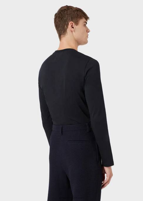 erkekler Armani mikro logo yama ile streç supima jarse kazak lacivert T8HD1749