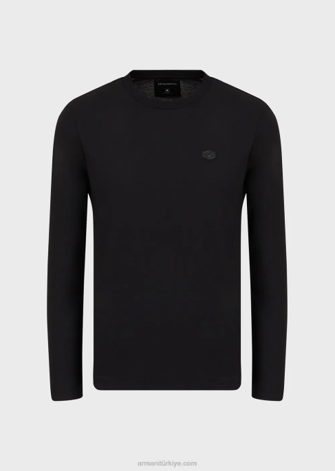 erkekler Armani mikro logo yama ile streç supima jarse kazak siyah T8HD1750