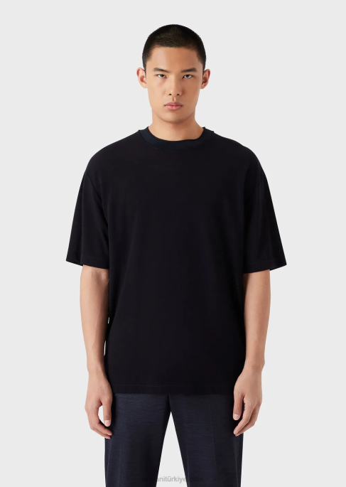 erkekler Armani okaliptüs yün karışımlı pike t-shirt lacivert T8HD1673