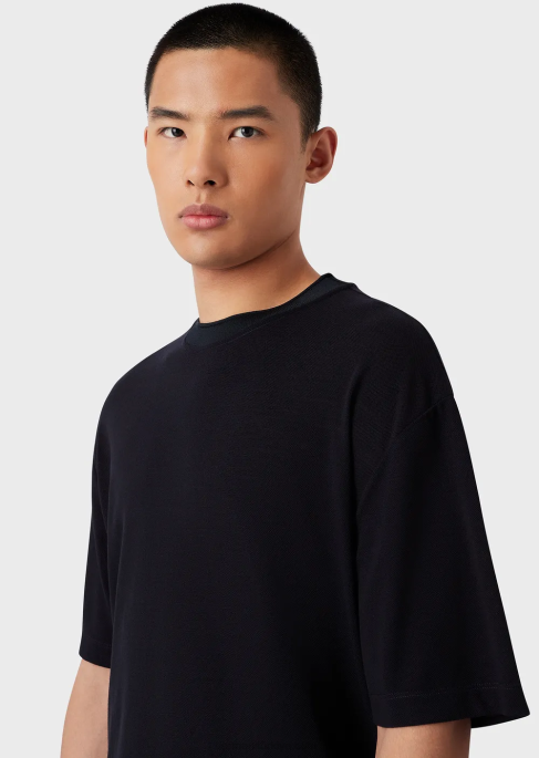 erkekler Armani okaliptüs yün karışımlı pike t-shirt lacivert T8HD1673