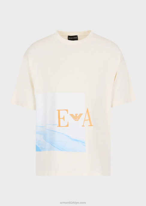 erkekler Armani plaj baskılı ve ea işlemeli ağır jarse tişört beyaz T8HD1700