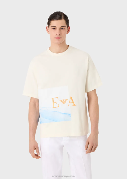 erkekler Armani plaj baskılı ve ea işlemeli ağır jarse tişört beyaz T8HD1700