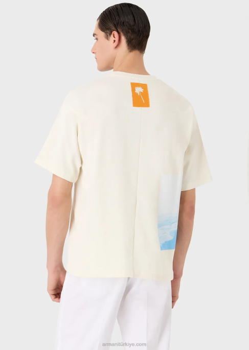 erkekler Armani plaj baskılı ve ea işlemeli ağır jarse tişört beyaz T8HD1700